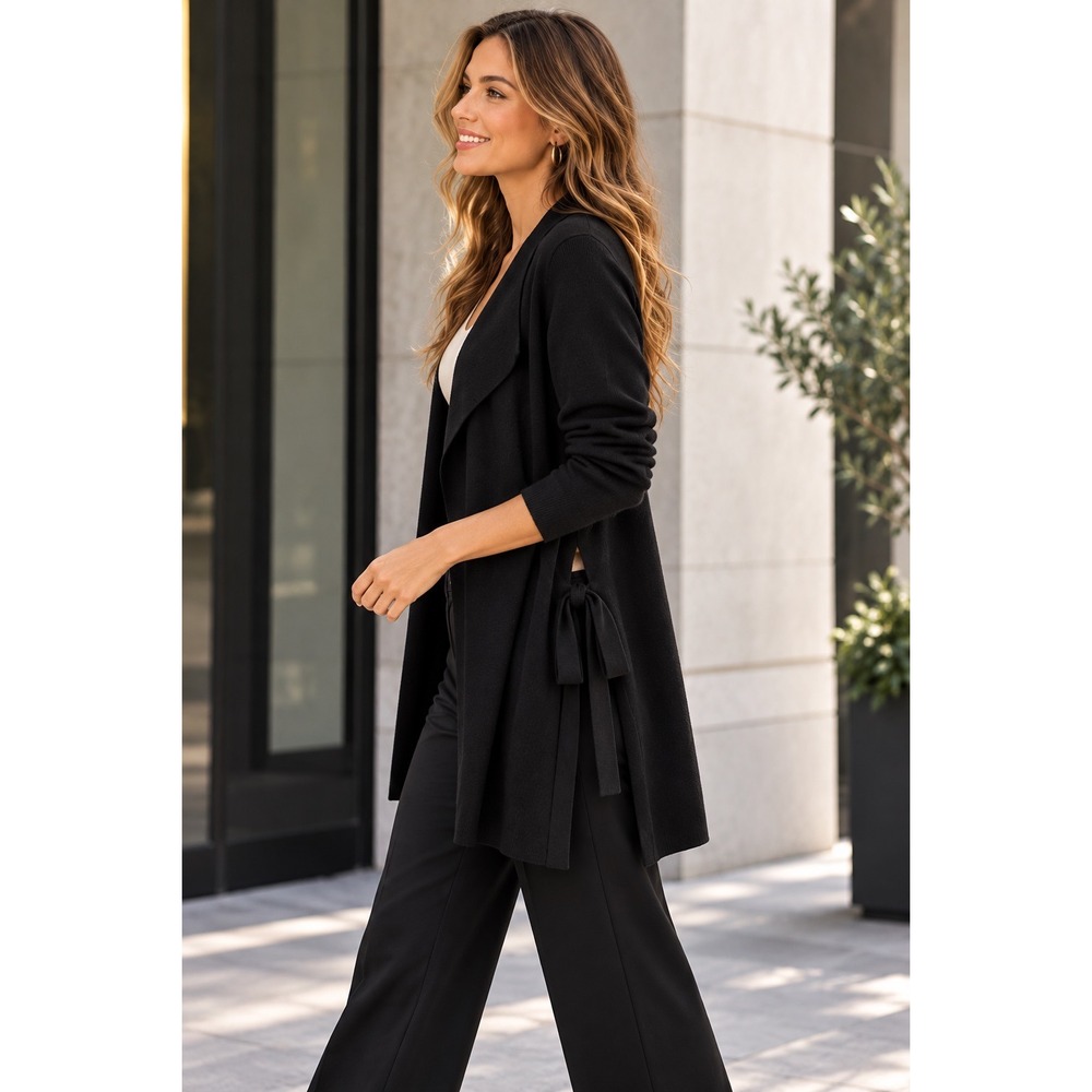 THEORY Tie Sides Open Cardi Evian Stretch Wool Draped Cardigan Black Small
